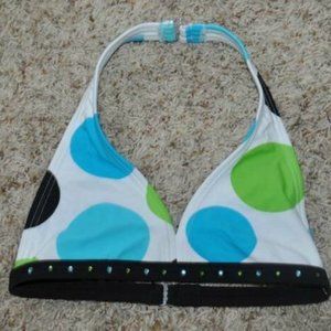 Swimsuit Top Malibu Dream Girl sz 8 White Blue Green Dot Bikini Summer Girls